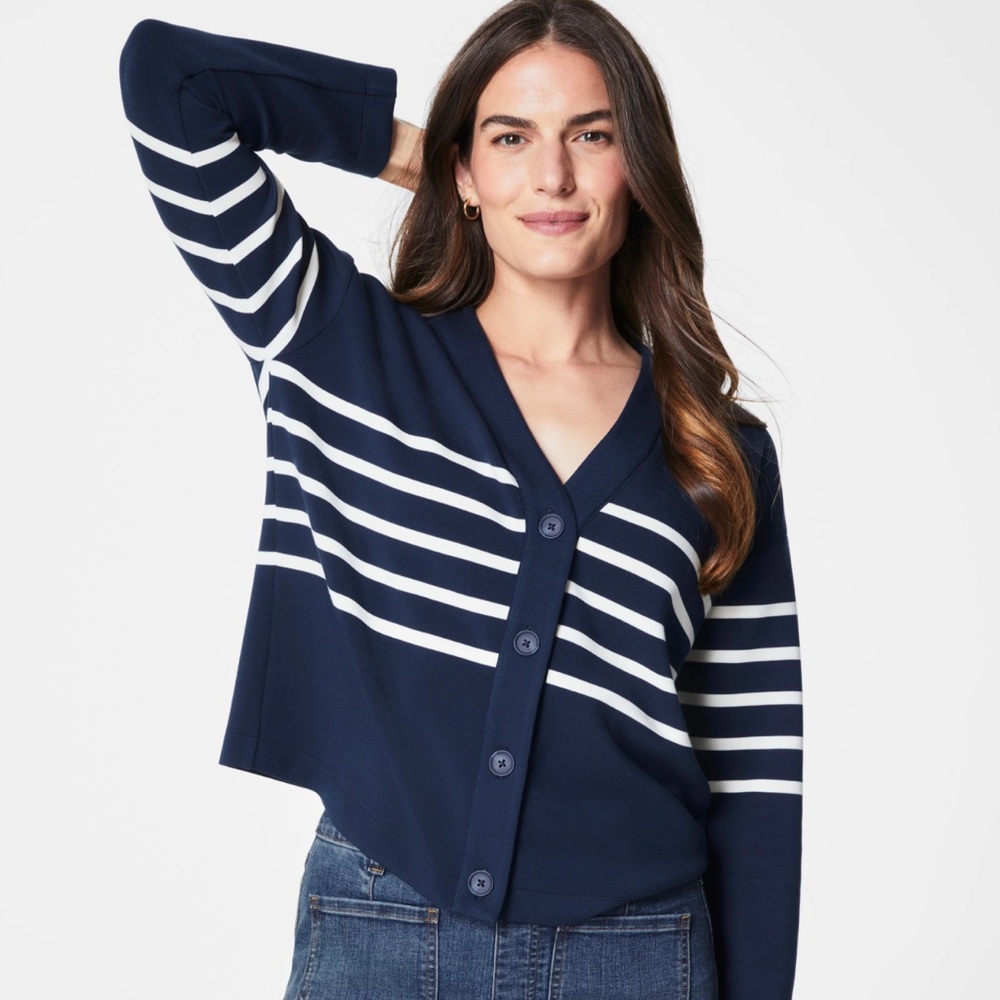 SPANX Navy and White Striped Cardigan